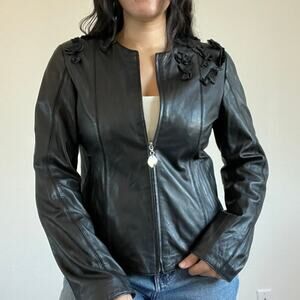 Nappa Leather Women's Black Full Zip Jacket flower applique biker